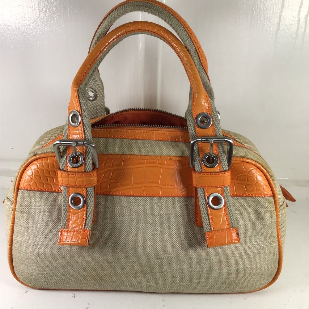 Orange & Khaki Linen Bowler/Handheld Bag